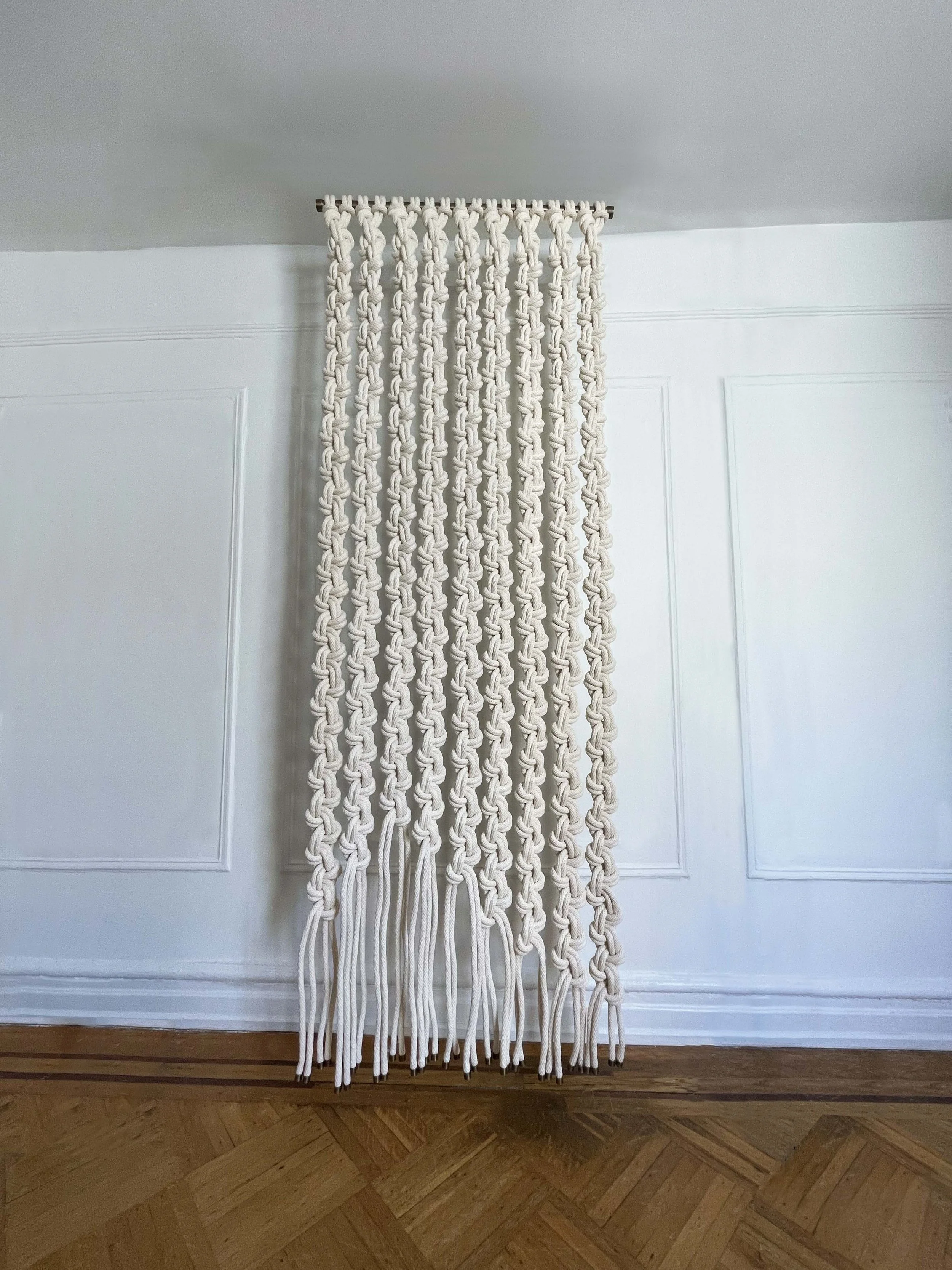 brass macrame, antique brass macrame, custom metal hardware macrame, custom hardware fiber art wall hanging