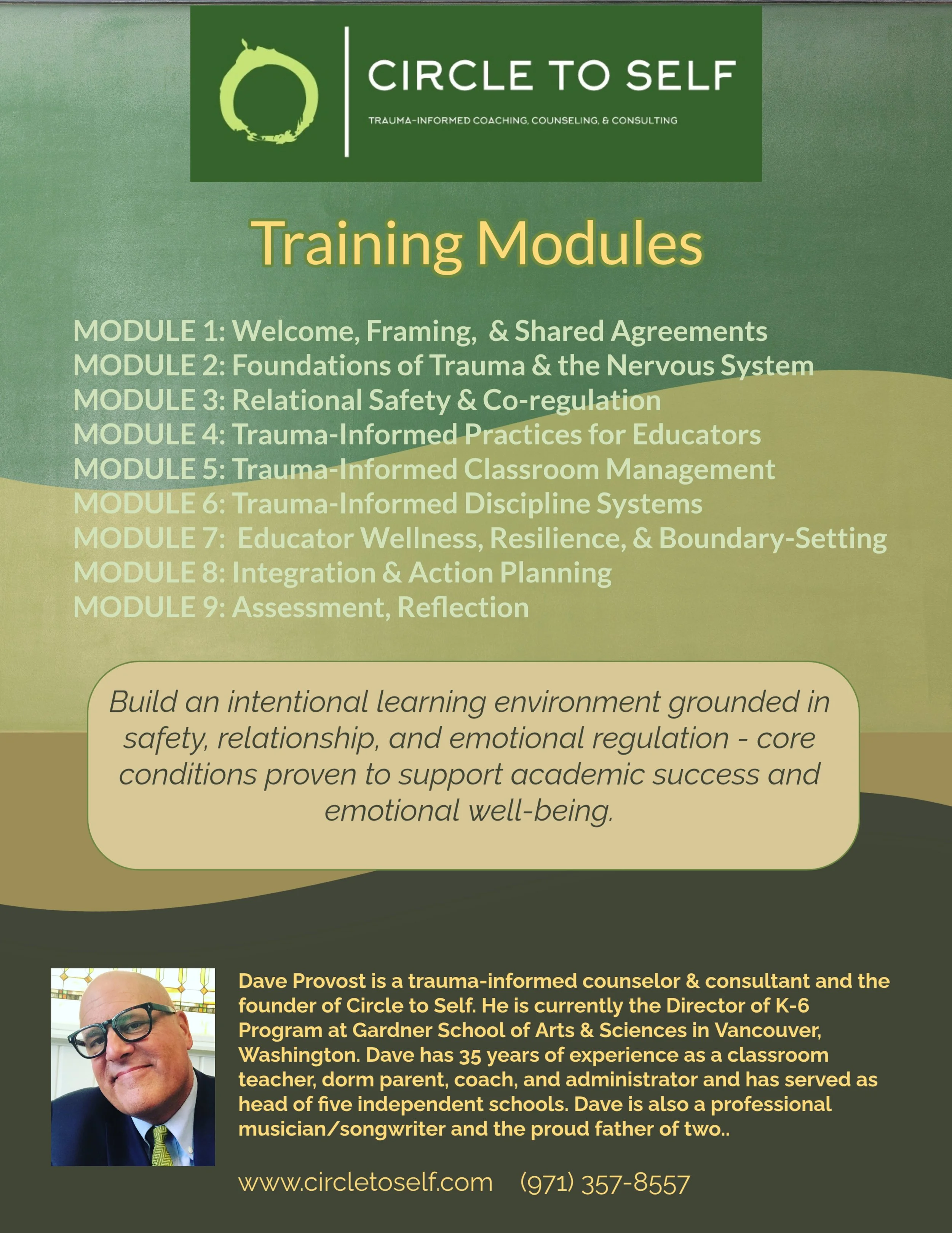 Poster for Circle to Self trauma-informed coaching, counseling, and consulting training modules, listing nine modules on trauma and well-being, with a photo of Dave Provost, including his bio and contact information.