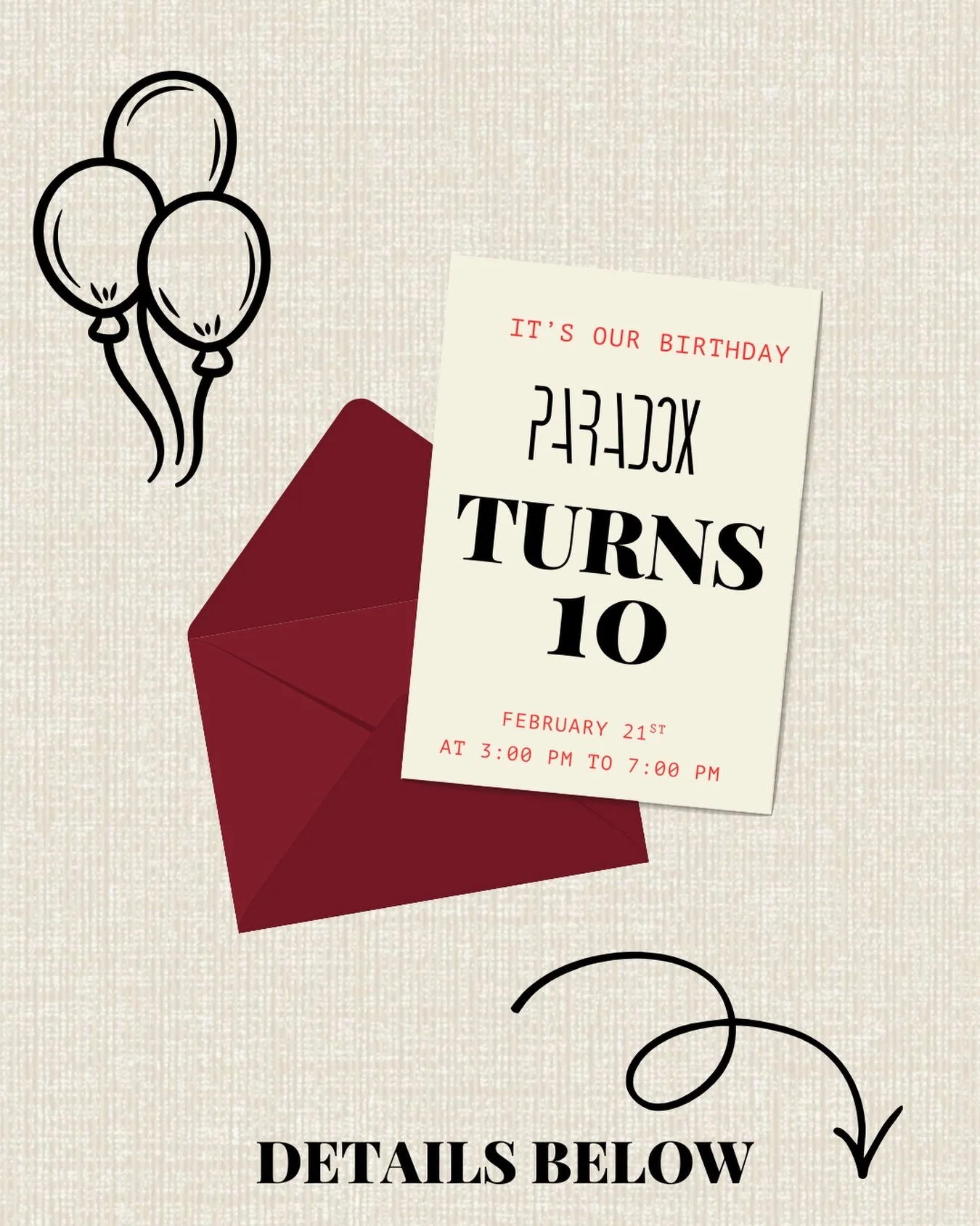 PARADOX IS TURNING 10!✨
AND we&rsquo;re throwing a party to celebrate.
February 21st from 3&ndash;7 PM
📍 Address shared via RSVP
What to expect:
Cupcake competition with trophies you&rsquo;ll actually want to win (still time to enter &mdash; DM us)
