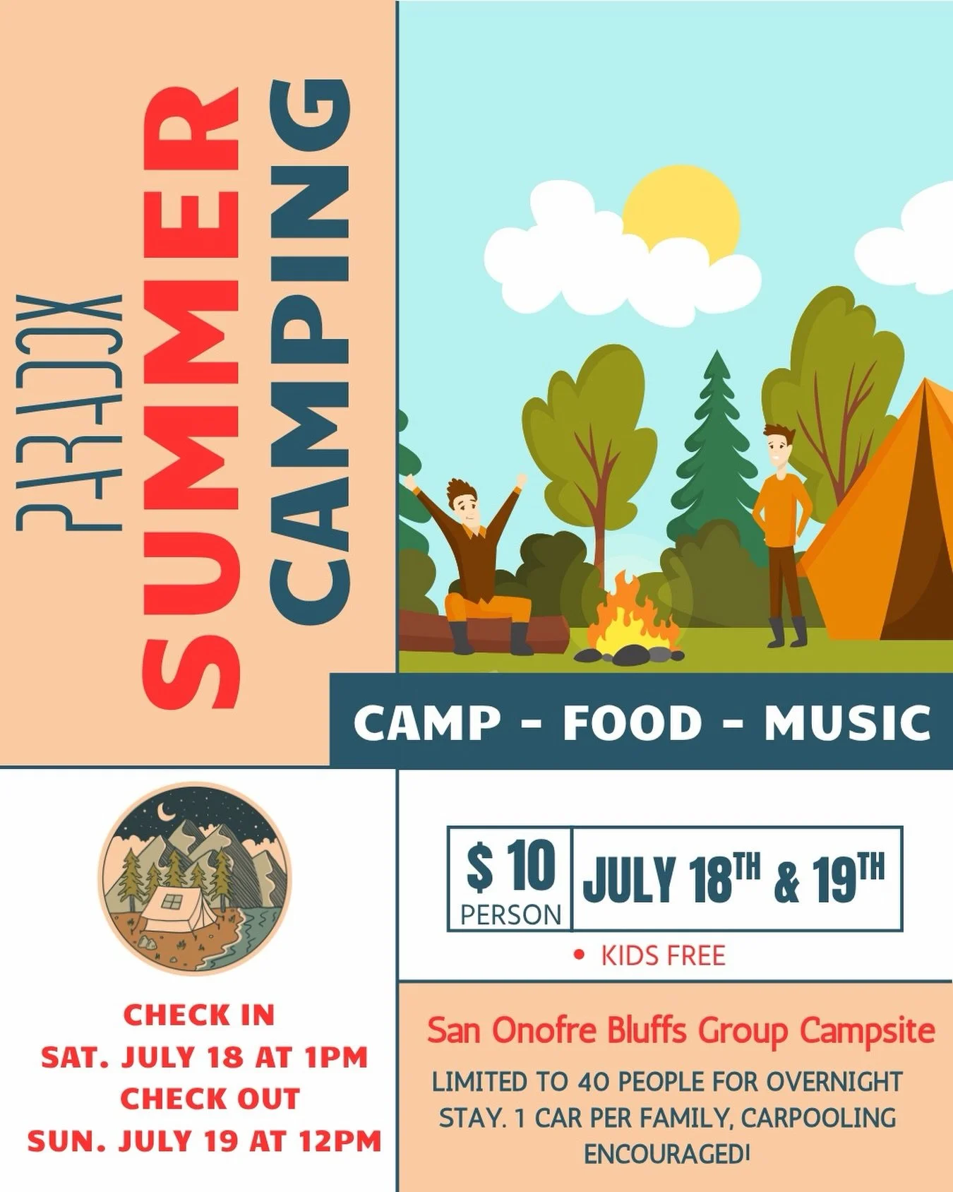 Join us for a whole church event at San Onofre Bluffs Group Campsite! 🏕️

Dinner + a light breakfast will be provided. If camping isn&rsquo;t your thing, come hang out in the evening for hot dogs &amp; s&rsquo;mores! 🌭🔥

If you plan on spending th