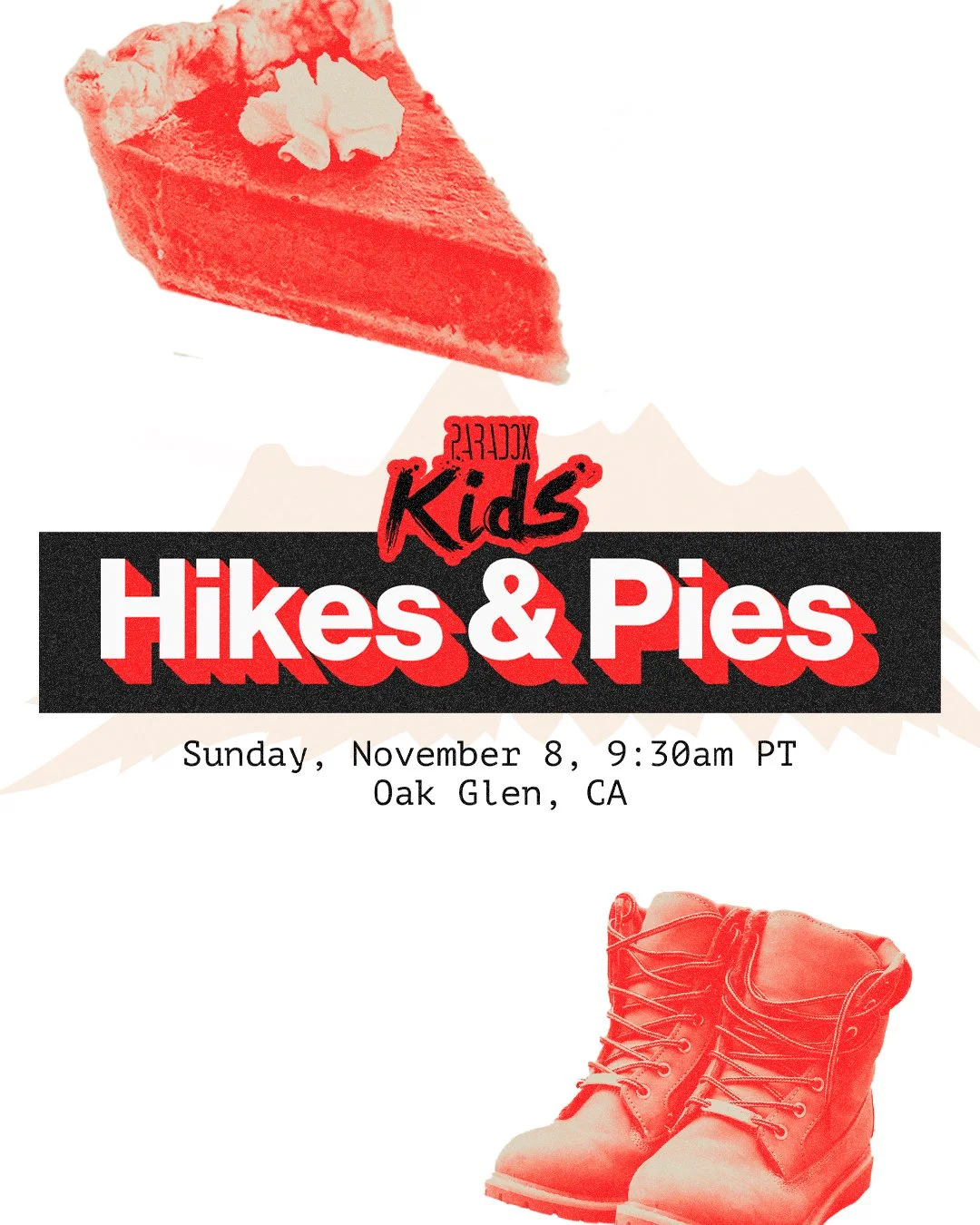 [SAVE THE DATE 📣] On Sunday, November 8, Paradox Kids is doing another Hikes &amp; Pies event! 🥾
ㅤ
Together, we will enjoy a beautiful hike in Oak Glen followed by mouth-watering pies &amp; hot drinks - what could be better? 🥧🤤
ㅤ
Dress warm and w