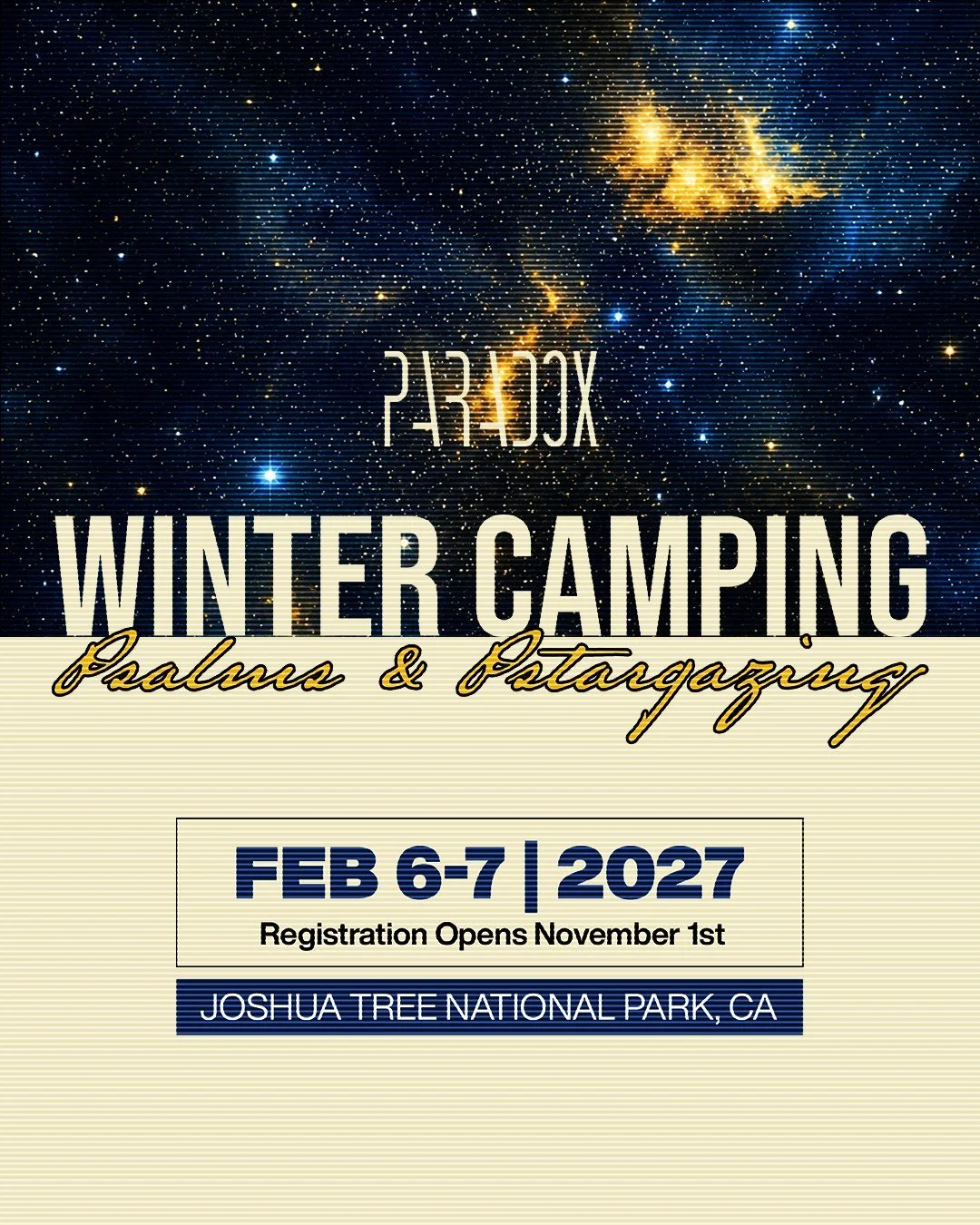 [SAVE THE DATE 🌌] Our 2027 Winter Camping trip will be in Joshua Tree National Park from Saturday, February 6th to Sunday, February 7th.
ㅤ
Overnight &amp; Daytime Only registrations will begin November 1.
ㅤ
See all of our Upcoming Events at https://