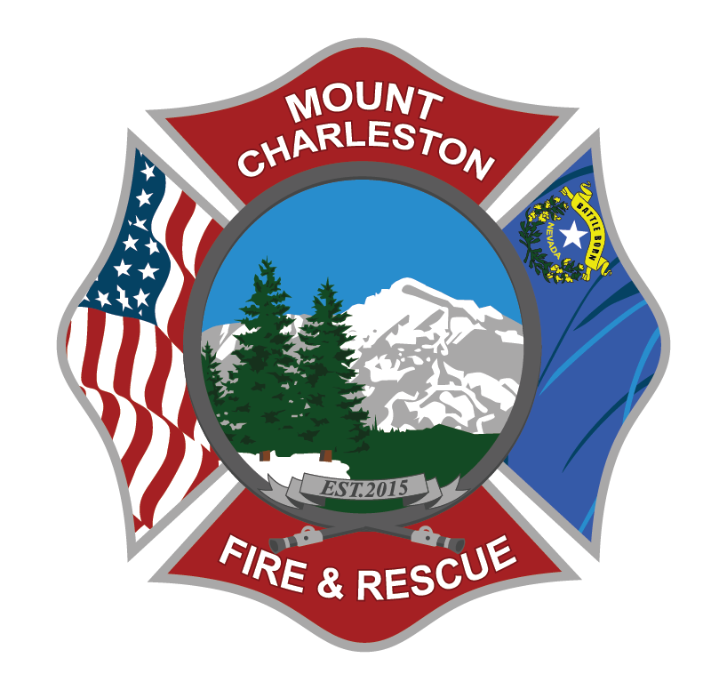 A crest for Mount Charleston Fire & Rescue, established in 2015, featuring mountains, trees, and national flags.