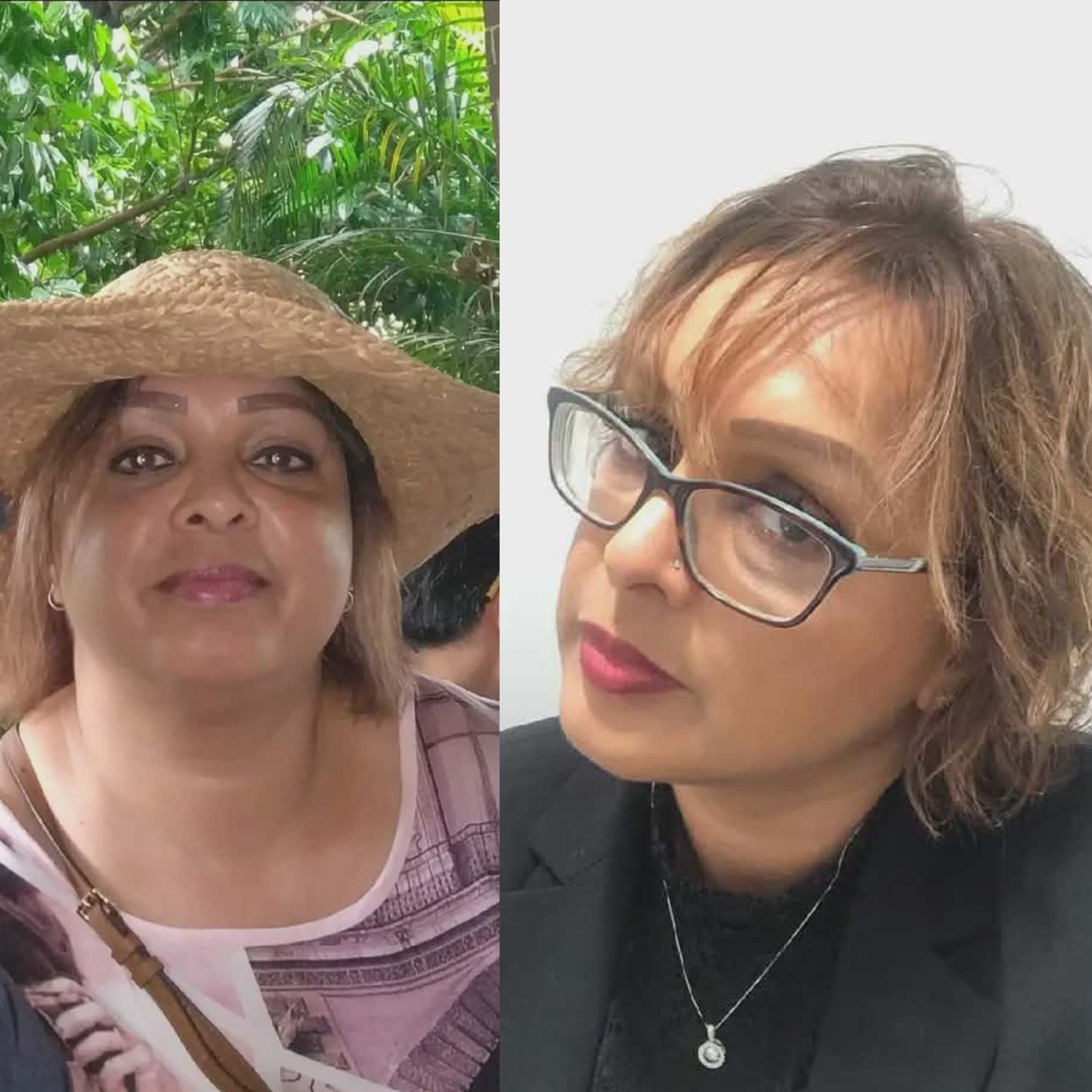 A side-by-side comparison of two women. The woman on the left is wearing a large straw hat and a patterned top, with a forested background. The woman on the right has short curly hair, glasses, and is wearing a black top or blazer with a necklace, against a plain white background.