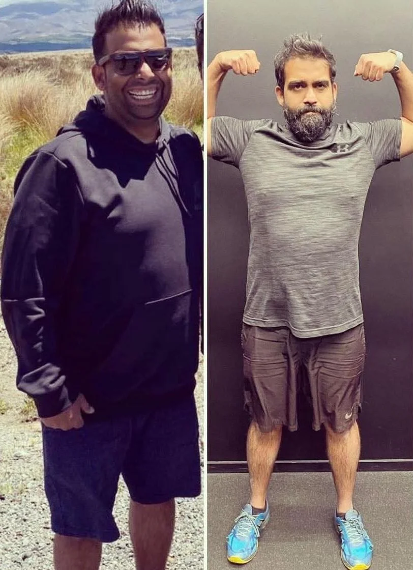 Side-by-side photos of a man before and after a fitness transformation. In the left photo, he has a fuller face and body, wearing a black hoodie and shorts, outdoors with a grassy landscape. In the right photo, he is muscular with a beard, flexing his arms, wearing a gray T-shirt and shorts, indoors against a black wall.
