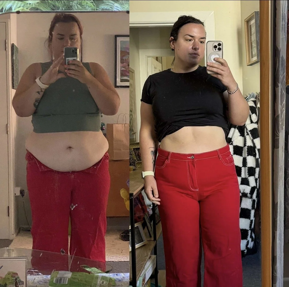 Side-by-side mirror photos of a woman showing weight loss progress, wearing a black crop top and red pants, with changes in body shape and appearance.