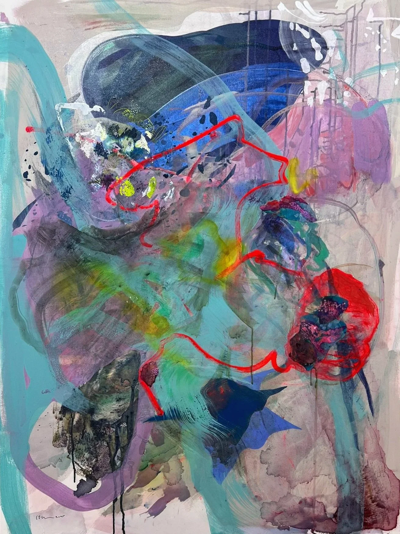 The Line that Refused Silence
2025
Acrylic, procion mx dye, duralarpaper, glue on primed canvas.
36x48 in