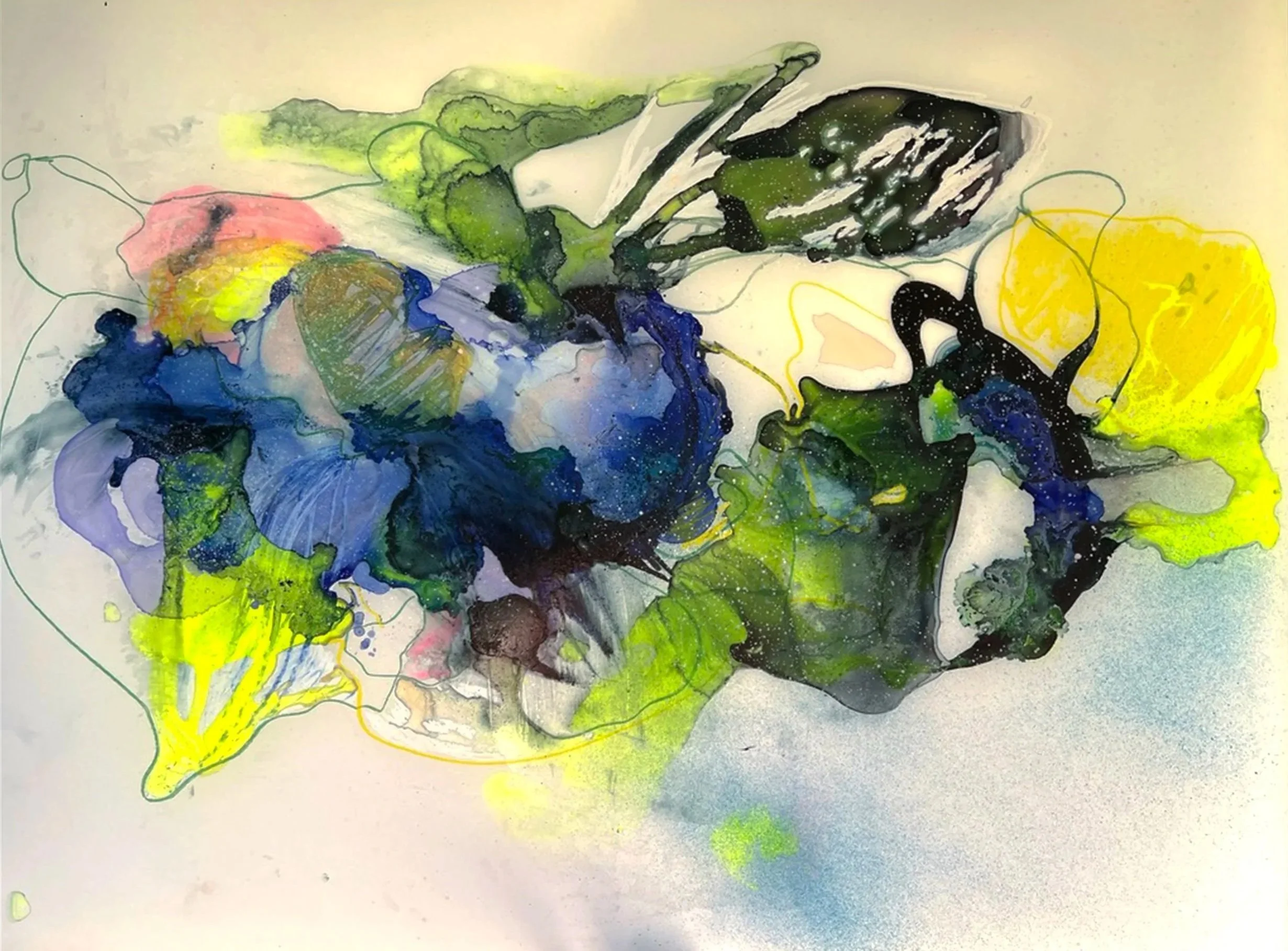 Floating from a Fleeting World 
2026 
30x20in
Acrylic, watercolopr ink, alchohol ink, glazing medium on Duralar 
