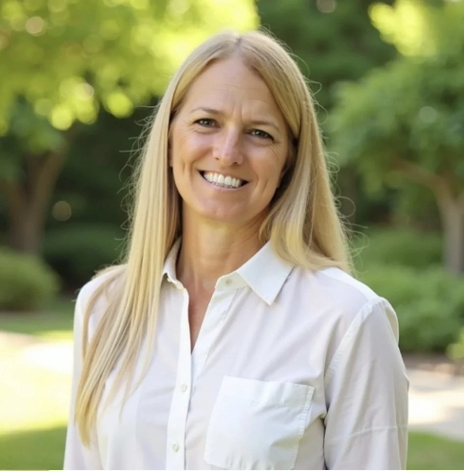 A smiling woman with long blonde hair wearing a white button-up shirt outdoors with greenery in the background.