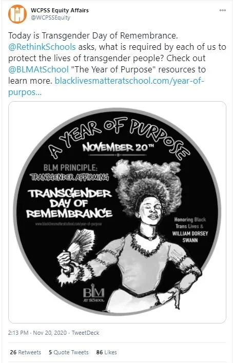 WCPSS 11.20.20 Tweet promoting Transgender Rememberence Day.JPG