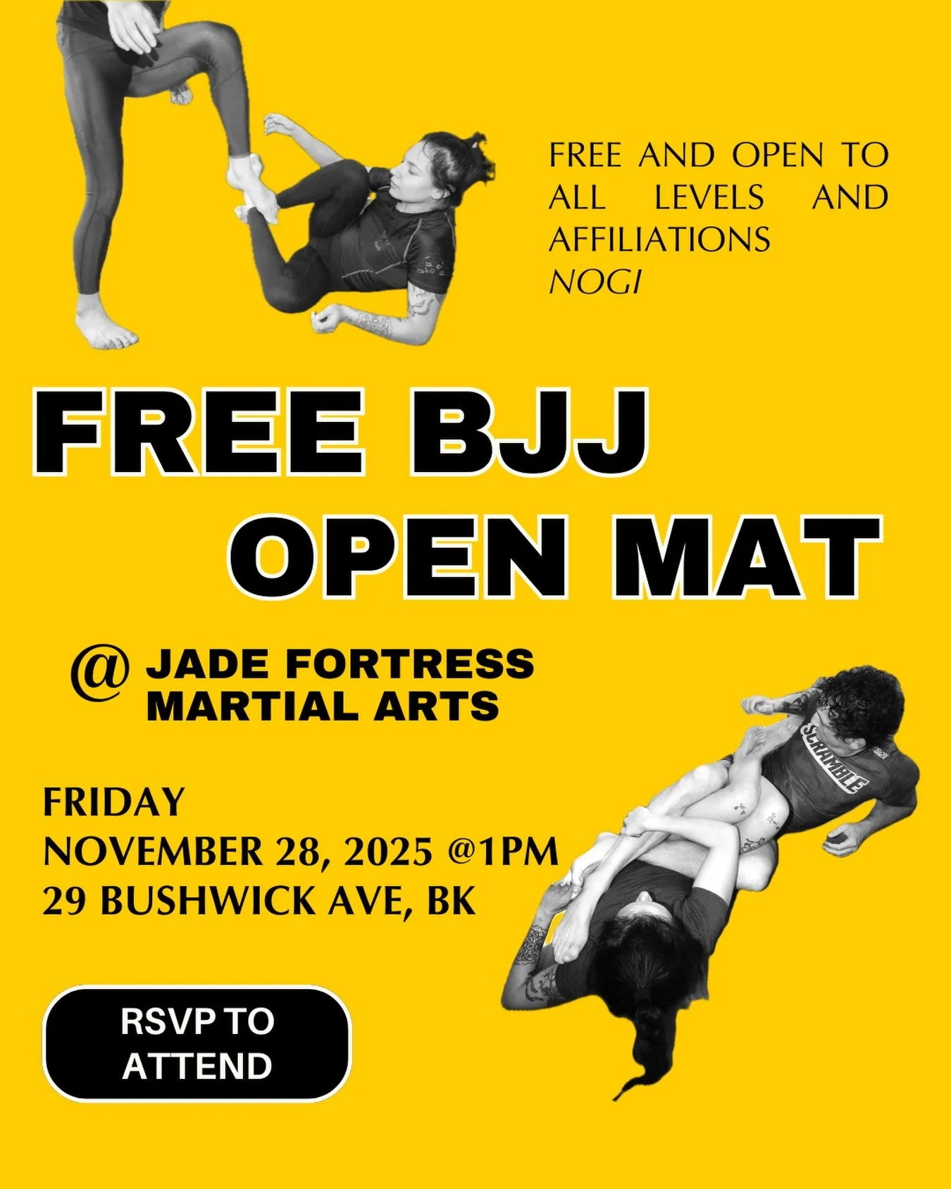 🦃 🦃🦃 Free open mat this Friday November 28th at 1pm!  RSVP to attend - link in bio - see you there! 🍂🍂🍂

#jadefortressmartialarts #openmatbjj #openmat #bjj #nogi