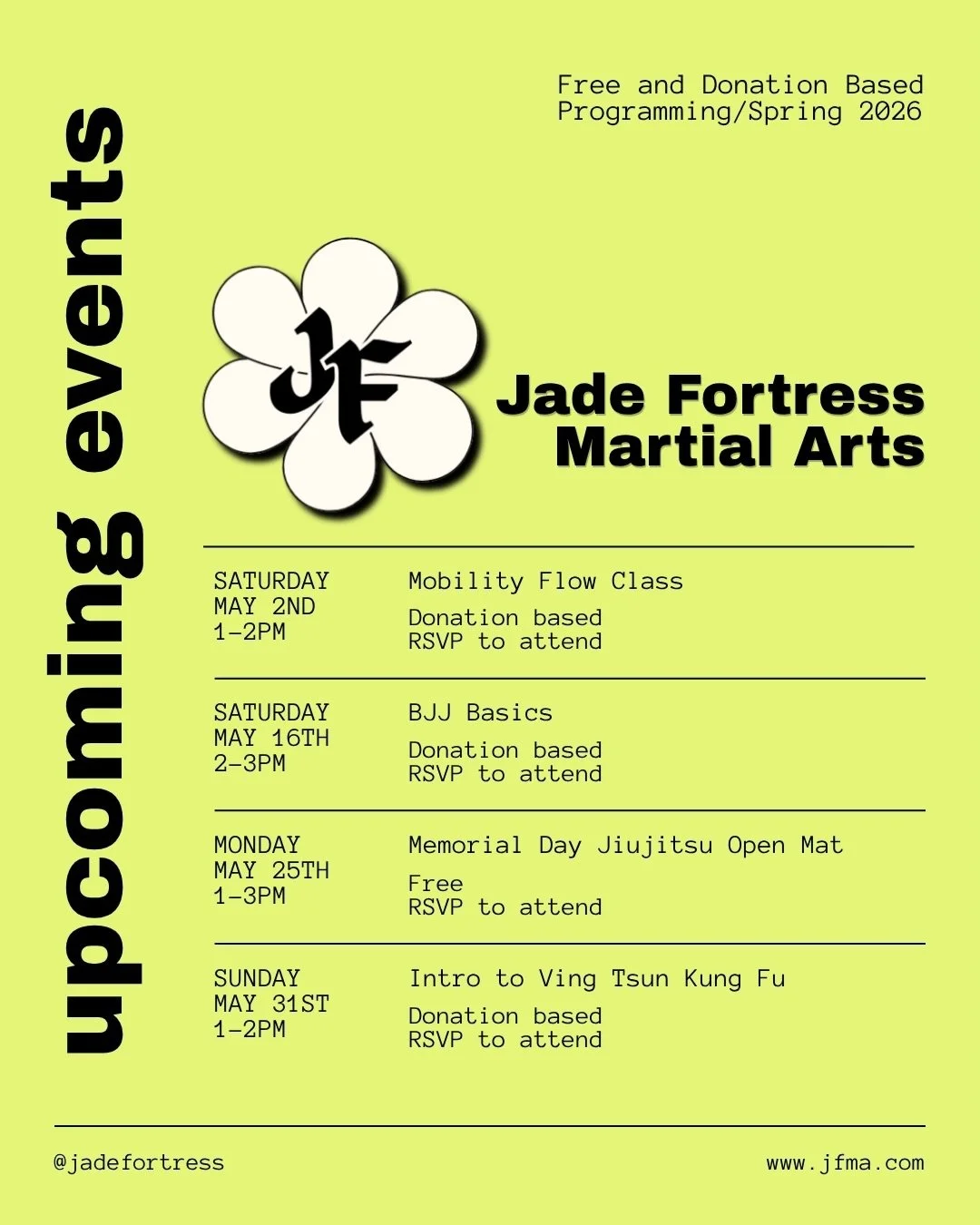 ✨🌸✨Announcing our free and donation based programming for this Spring! ✨🌸✨

Something for everyone! Choose your own adventure with 4 different events throughout the month of May &mdash; Mobility Flow Class, BJJ Basics, BJJ Open May, and Intro to Ku