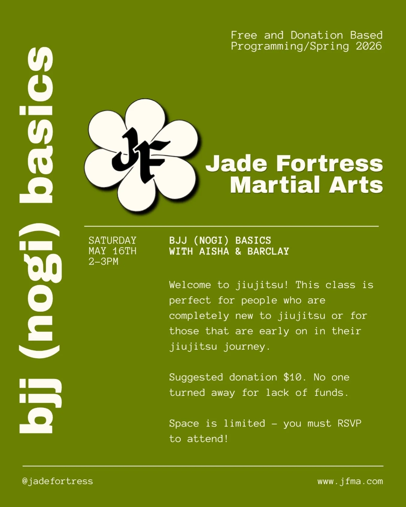 ✨💥✨ BJJ Basics/Intro to BJJ Class this Saturday, May 16th! ✨💥✨

Donation based, RSVP at link in bio to attend, absolutely no experience necessary. This is your sign to try jiujitsu!

#jadefortressmartialarts #whitebeltbjj #bjj #nogibjj #grappling