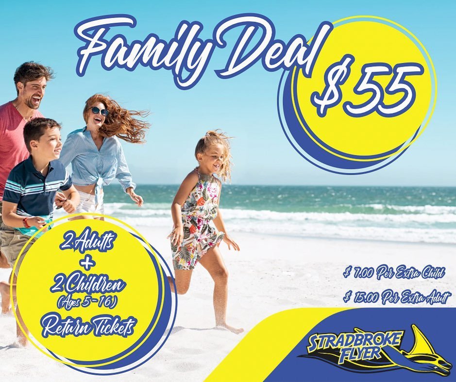 Sun, sand, and smiles with the whole family! Take advantage of our Family Deal for just $55 and start your adventure to the beautiful North Stradbroke Island with the Stradbroke Flyer!!!! 
#FamilyAdventures #BeachLife #stradbrokeflyer