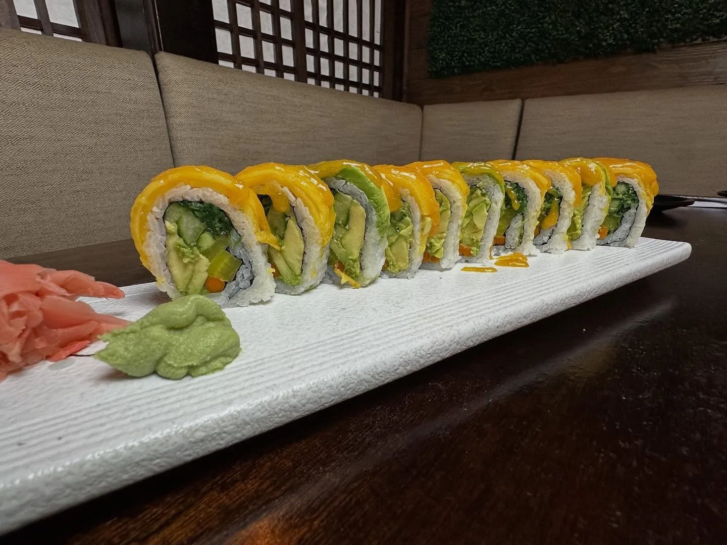 Check out our Vegan Roll! 
&bull;avocado, cucumber, seaweed salad, pickled daikon, and pickled carrots topped with sliced mango, avocado &amp; a housemade mango sauce