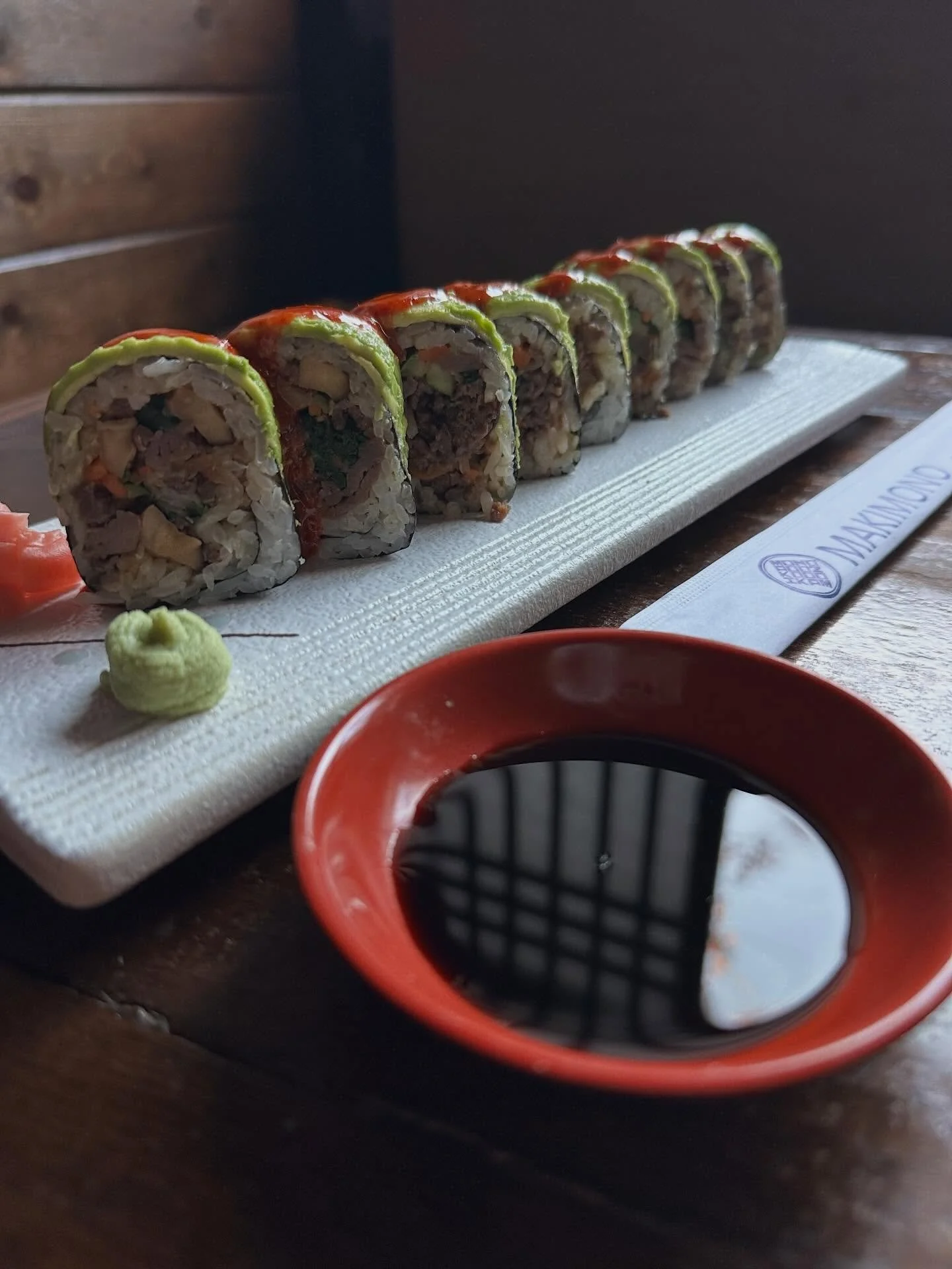 Who has tried Gimbap? This is our Makimono version of Gimbap with Bulgogi inside (you could also switch for Spicy Pork).

*Gimbap (or kimbap) is a popular Korean dish. 
Cooked rice and various fillings rolled in dried seaweed and sliced into bite-siz