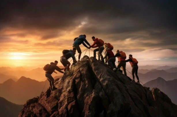Group of climbers helping each other ascend a mountain peak during sunset.