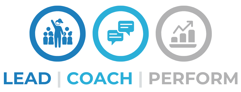 Icons representing leadership, coaching, and performance with the words "LEAD | COACH | PERFORM" underneath