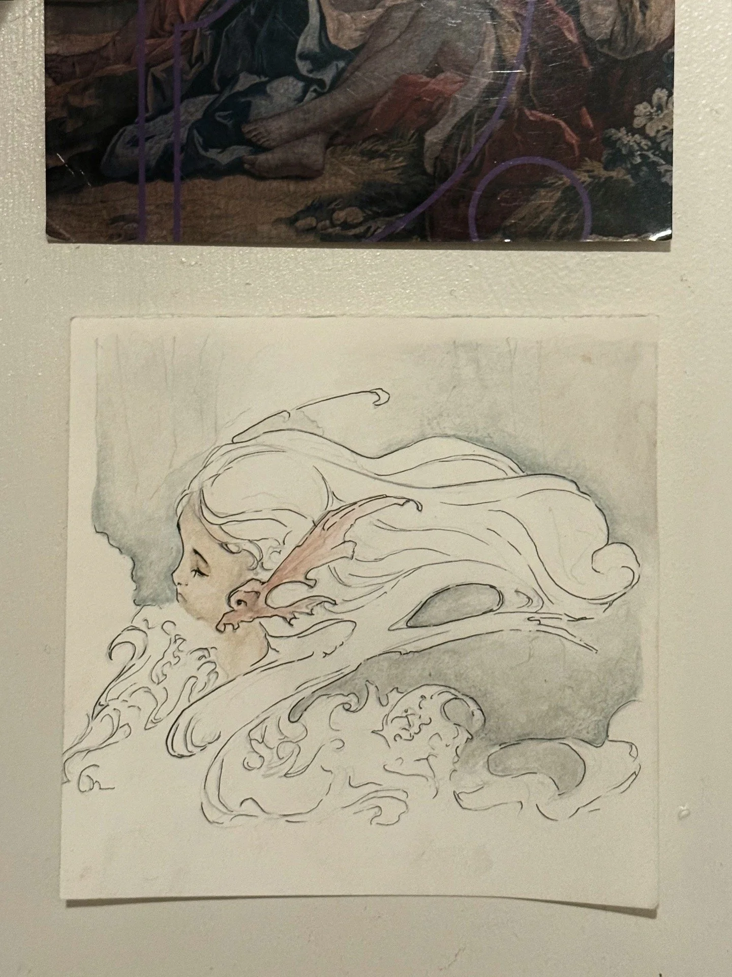 A black and white sketch of a woman with flowing hair, her eyes closed or looking down, surrounded by swirling wave patterns.