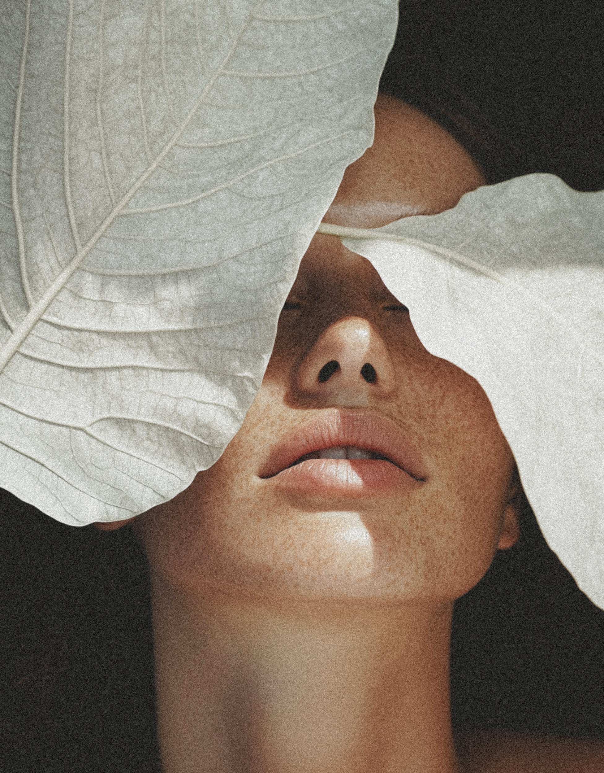 Close-up of a person's face with an eye, nose, and lips visible, partially obscured by a large, textured white leaf.