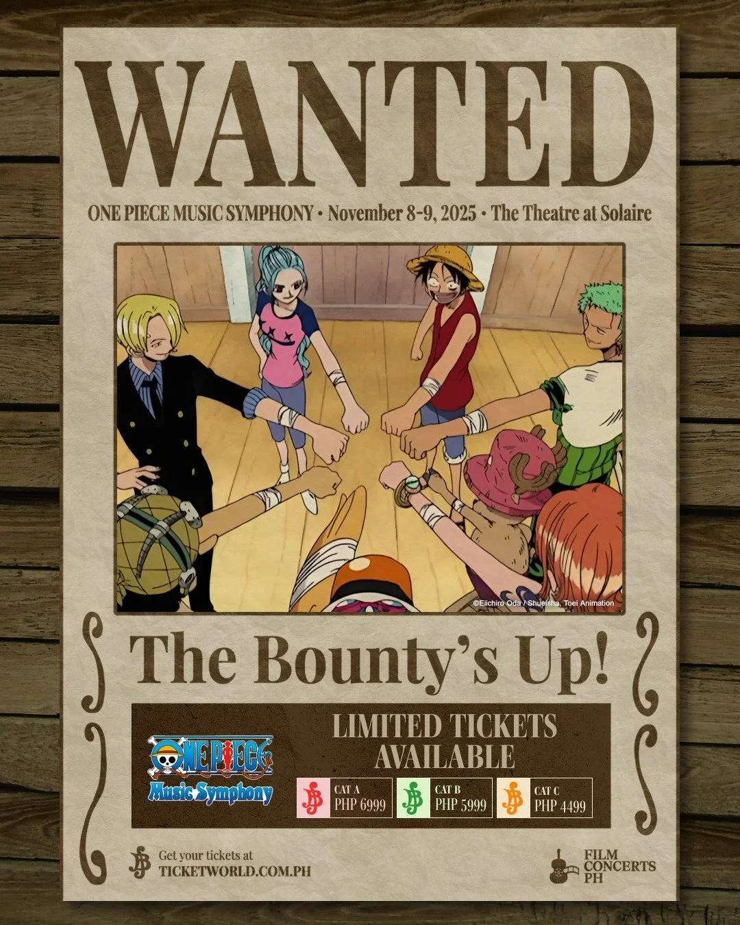 WANTED: More nakama to join the Straw Hat Crew for 𝐎𝐍𝐄 𝐏𝐈𝐄𝐂𝐄 𝐌𝐮𝐬𝐢𝐜 𝐒𝐲𝐦𝐩𝐡𝐨𝐧𝐲! 🏴&zwj;☠️🎶 

Join fellow fans for this anime concert event where the music of One Piece comes alive on stage. Limited seats left in CAT A, B, and C, so