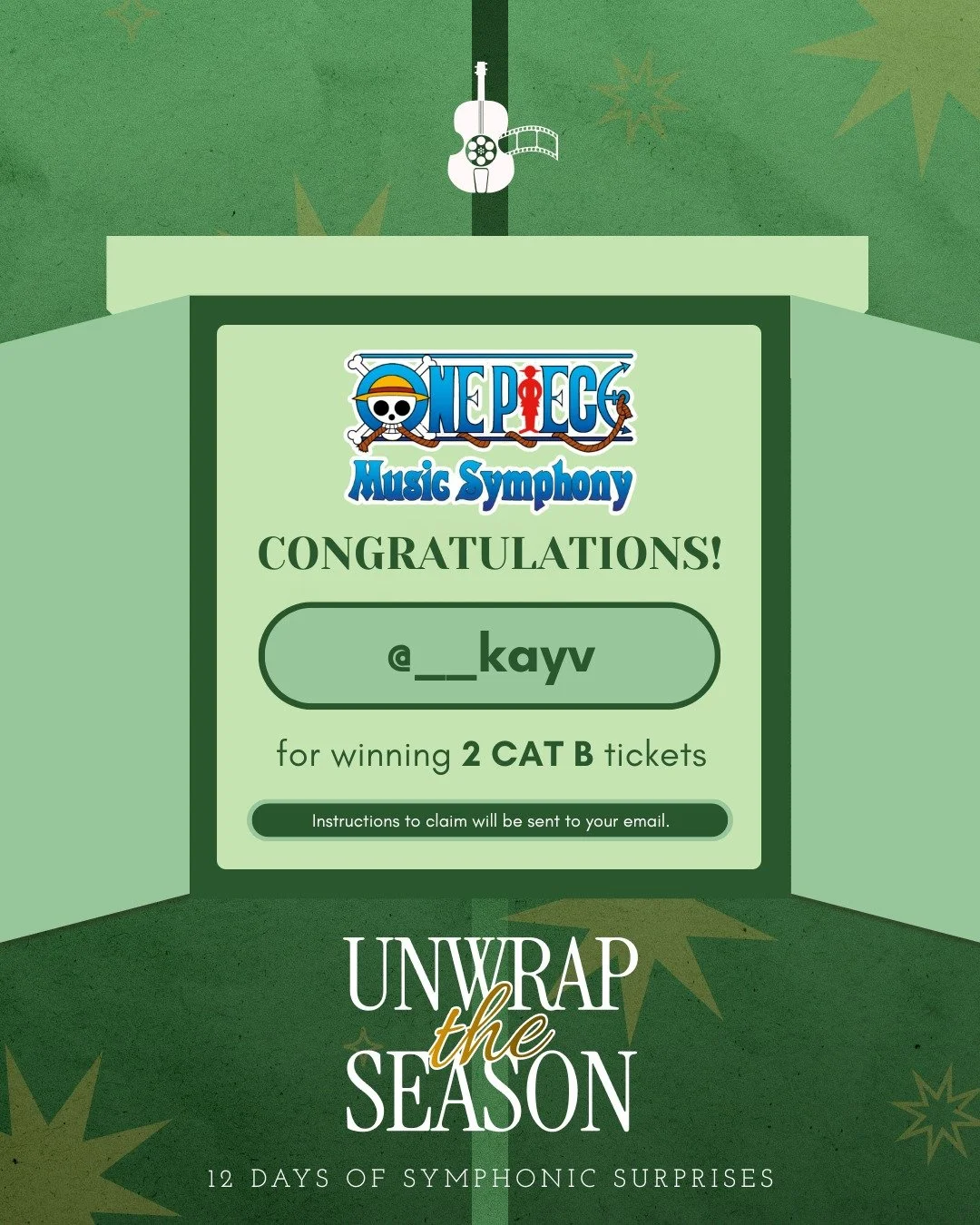 Ready your celebrations, Nakama! 🏴&zwj;☠️🎉

Congratulations to @__kayv for winning 𝟮 𝗖𝗔𝗧 𝗕 tickets to 𝐎𝐍𝐄 𝐏𝐈𝐄𝐂𝐄 𝐌𝐮𝐬𝐢𝐜 𝐒𝐲𝐦𝐩𝐡𝐨𝐧𝐲!

Please expect an email from us with instructions on how to claim your tickets.

#OnePiece #On