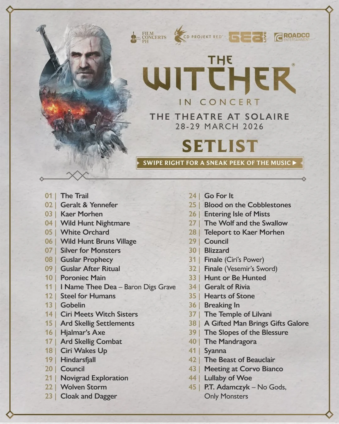 The songs of The Path are set! ⚔️

From piercing vocals to lyrical symphonies, each piece tells a story shaped by destiny, where the music cuts deeper than a blade. 

Tickets are still available for our 𝐓𝐡𝐞 𝐖𝐢𝐭𝐜𝐡𝐞𝐫 𝐢𝐧 𝐂𝐨𝐧𝐜𝐞𝐫𝐭 shows