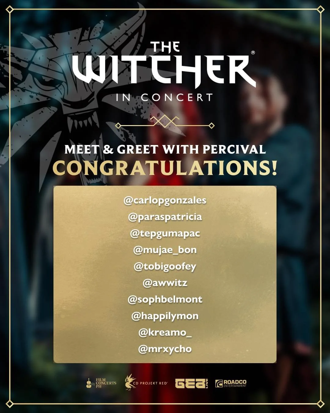 Witchers, the moment has arrived! ⚔️

Congratulations to our 10 lucky winners of the Meet &amp; Greet with Percival Schuttenbach (@percivalwhl), along with a signed CD for 𝐓𝐡𝐞 𝐖𝐢𝐭𝐜𝐡𝐞𝐫 𝐢𝐧 𝐂𝐨𝐧𝐜𝐞𝐫𝐭!

Instructions for the Meet &amp; Gr