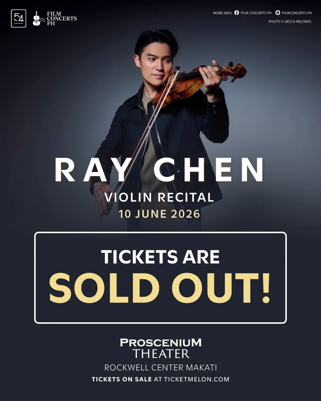 𝐑𝐚𝐲 𝐂𝐡𝐞𝐧 𝐕𝐢𝐨𝐥𝐢𝐧 𝐑𝐞𝐜𝐢𝐭𝐚𝐥 is now officially 𝗦𝗢𝗟𝗗 𝗢𝗨𝗧! 🎻

We&rsquo;re excited for everyone to experience his artistry and virtuosity up close. See you on June 10 at the Proscenium Theater! 🎶

#RayChen #Concert #Recital #Viol