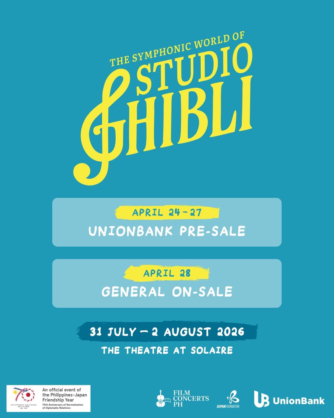 Follow the wind as it carries you through the timeless music in 𝐓𝐡𝐞 𝐒𝐲𝐦𝐩𝐡𝐨𝐧𝐢𝐜 𝐖𝐨𝐫𝐥𝐝 𝐨𝐟 𝐒𝐭𝐮𝐝𝐢𝐨 𝐆𝐡𝐢𝐛𝐥𝐢 on the following dates:

🎟️ 𝗨𝗻𝗶𝗼𝗻𝗕𝗮𝗻𝗸 𝗣𝗿𝗲-𝗦𝗮𝗹𝗲: April 24-27, 2026
EXCLUSIVE PRE-SALE &amp; 10% OFF*
A