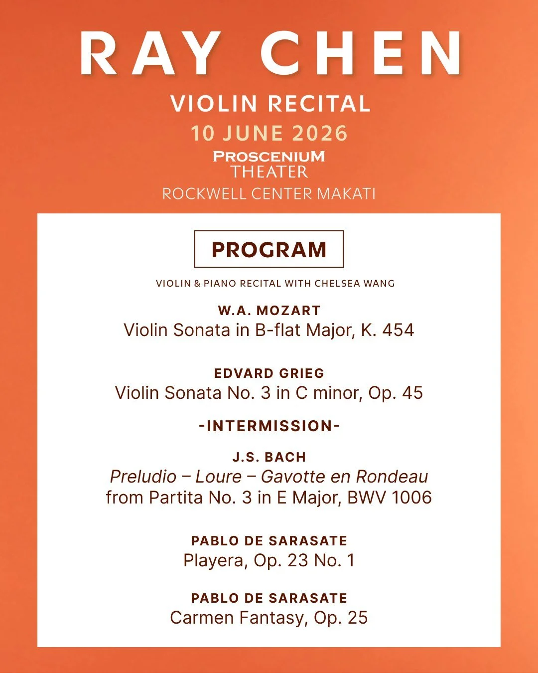 As the evening draws nearer, we&rsquo;re sharing a glimpse of the music that awaits at 𝐑𝐚𝐲 𝐂𝐡𝐞𝐧&rsquo;𝐬 (@raychenviolin) highly anticipated return to Manila.

From timeless classic masterpieces to deeply expressive works, the upcoming recital