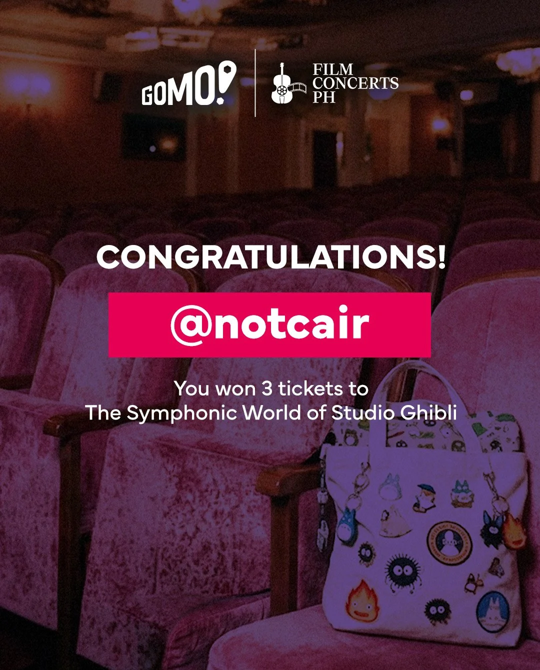 🎉✨ CONGRATULATIONS! ✨🎉

A huge congratulations to @notcair for winning 3 Orchestra Section (CAT B) tickets to The Symphonic World of Studio Ghibli at The Theatre at Solaire! Please expect a message from @filmconcerts.ph to claim your prize.

Don&rs