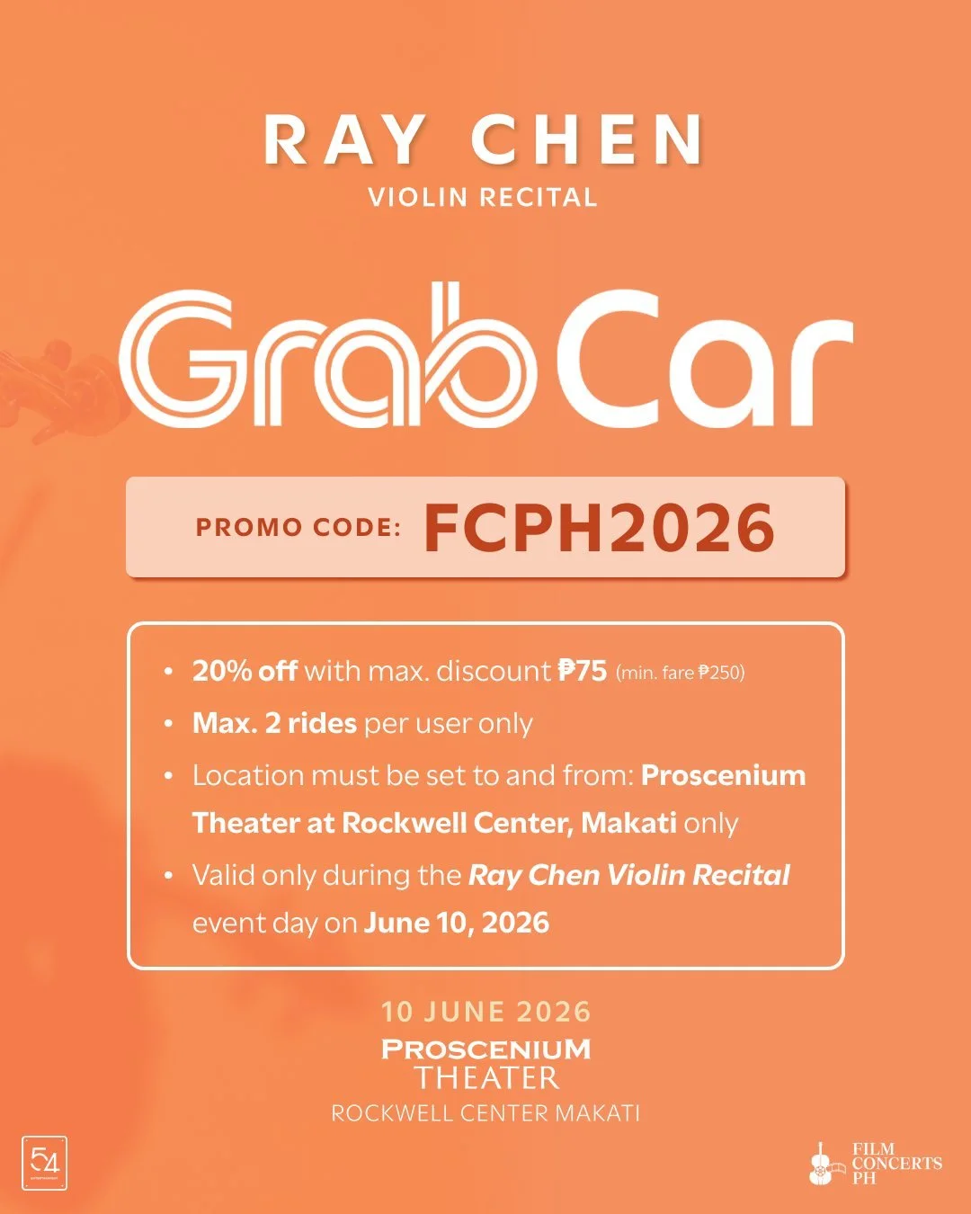 Start your evening on the right note! 🎶

 Use code 𝗙𝗖𝗣𝗛𝟮𝟬𝟮𝟲 and 𝗴𝗲𝘁 𝟮𝟬% 𝗢𝗙𝗙 your @grab_ph rides on the way to 𝐑𝐚𝐲 𝐂𝐡𝐞𝐧'𝐬 𝘀𝗼𝗹𝗱-𝗼𝘂𝘁 𝗿𝗲𝗰𝗶𝘁𝗮𝗹 at the Proscenium Theater at Rockwell.

#RayChen #Concert #Recital #Violi