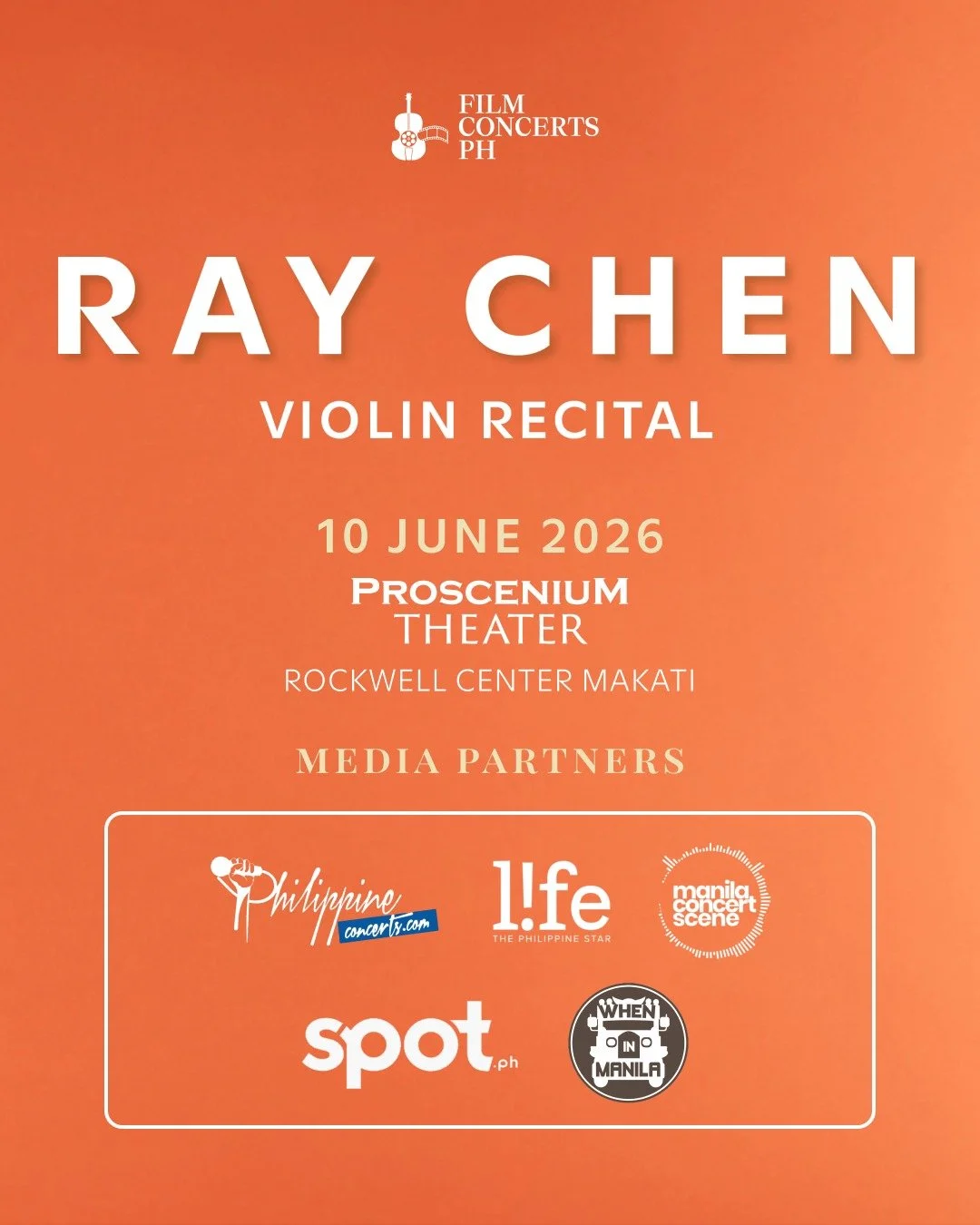A heartfelt thank you to our event partners for supporting the 𝐑𝐚𝐲 𝐂𝐡𝐞𝐧 𝐕𝐢𝐨𝐥𝐢𝐧 𝐑𝐞𝐜𝐢𝐭𝐚𝐥 and helping share his artistry as one of today&rsquo;s most celebrated violinists. 🎻

#RayChen #Concert #Recital #Violin #FilmConcertsPH