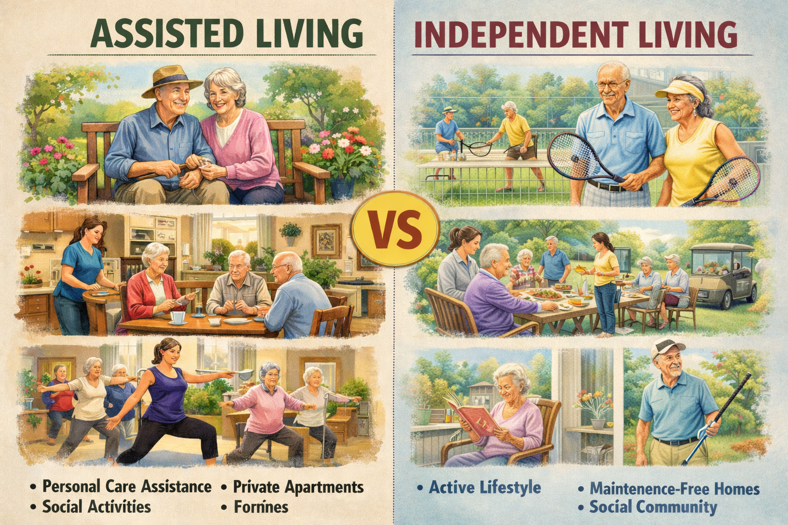 Comparison of assisted living and independent living environments with illustrations of seniors engaging in various activities. Assisted living shows seniors in a garden, dining, and exercise classes. Independent living depicts seniors playing tennis, reading, and socializing outdoors with maintenance-free homes and active lifestyle elements.