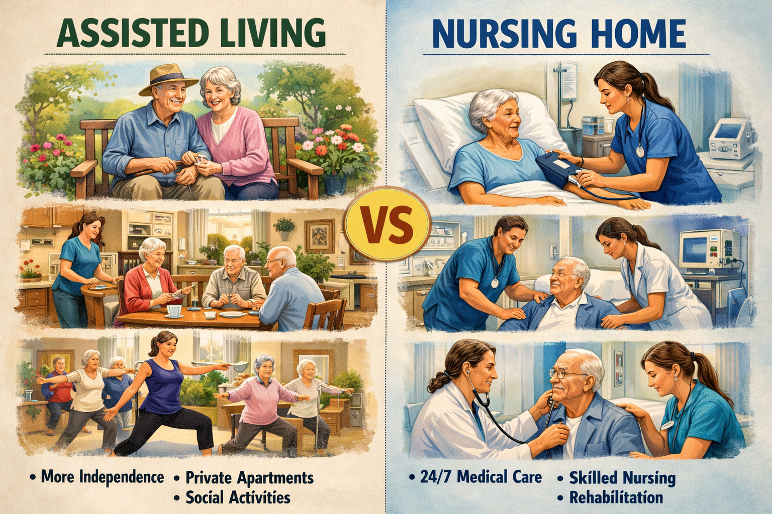 Comparison of assisted living and nursing home care. Assisted living shows elderly people outdoors, social activities, and in private apartments. Nursing home shows elderly patients receiving 24/7 medical care, skilled nursing, and rehabilitation from healthcare professionals.