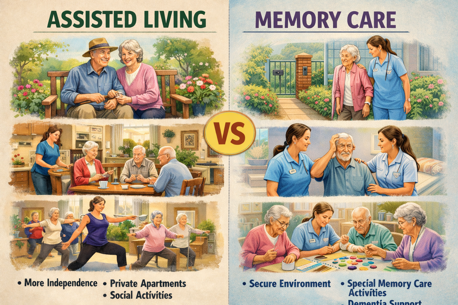Comparison of assisted living and memory care. Left side shows assisted living with seniors enjoying outdoor seating, dining, and exercise activities, emphasizing independence, private apartments, and social activities. Right side depicts memory care with staff assisting seniors indoors and in a secure outdoor area, highlighting a secure environment, specialized activities, dementia support, and activities for memory care.