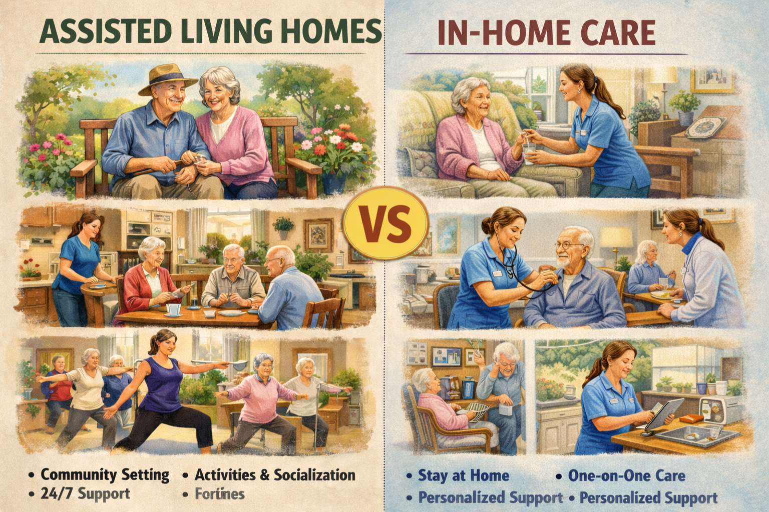 Comparison of assisted living homes and in-home care for seniors, showing community setting activities and socialization on the left, and in-home personalized care services on the right.