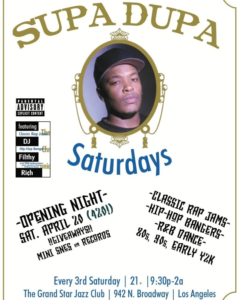 Come be a part of OPENING NIGHT Saturday 4/20 of Supa Dupa Saturdays, a fresh new dance night playing your favorite Classic Rap, Hip-hop and R&amp;B from the 80s, 90s and early Y2K! Giveaways, opening night Ride or Die Crew status gifts and more! Sta