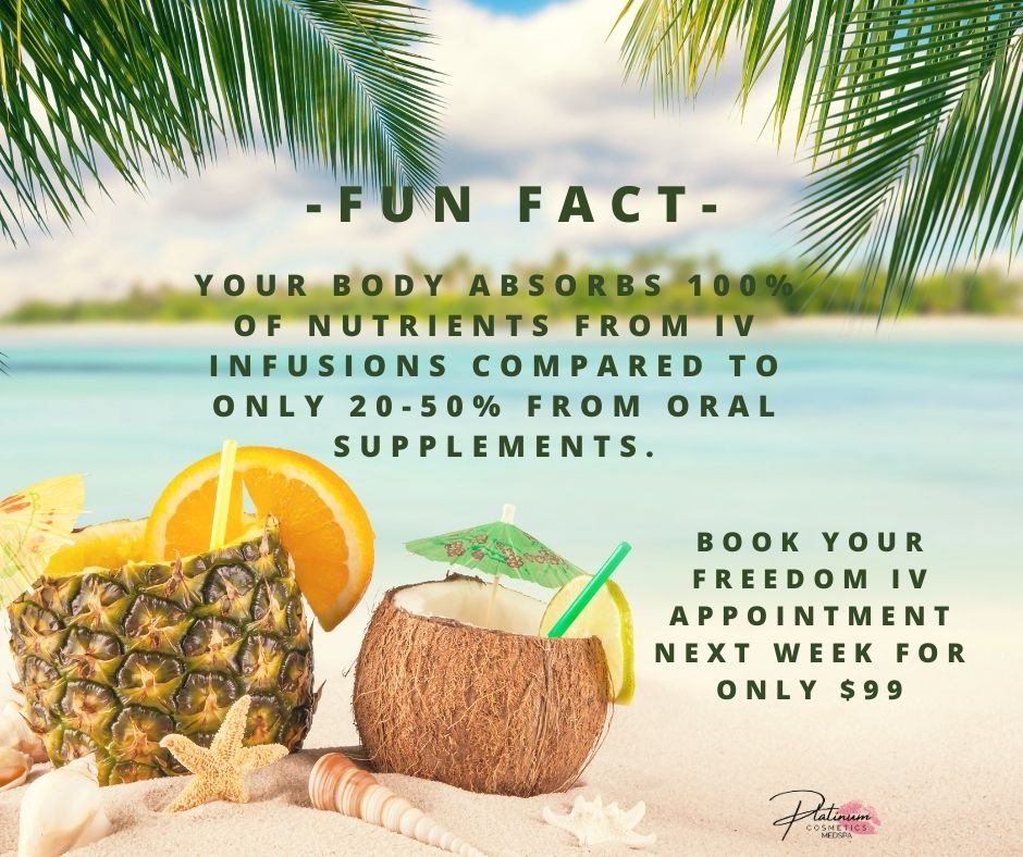 🌟 Fun Fact Alert! 🌟 Did you know that your body absorbs **100% of nutrients** from IV infusions, whereas it only gains **20-50%** from oral supplements? 🧬✨ 

If you're ready to supercharge your wellness, don&rsquo;t miss out on our FREEDOM IV appo