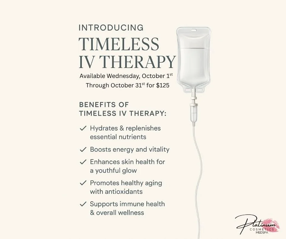 💧✨ Introducing Timeless IV Therapy ✨💧

At our spa, wellness and beauty go hand in hand. The Timeless IV Therapy is a premium infusion designed to restore, rejuvenate, and revitalize your body from within.

🌿 Why choose Timeless IV Therapy?

Provid