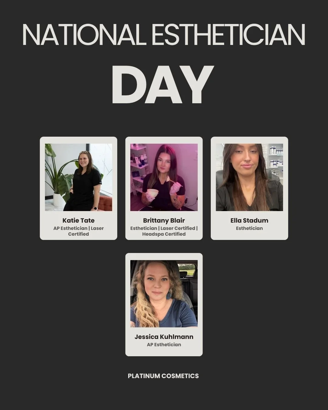 💆&zwj;♀️✨ Happy National Esthetician&rsquo;s Day! ✨💆&zwj;♀️

Today we&rsquo;re celebrating the 4 beautiful, hardworking estheticians here at Platinum &mdash; the women who keep our clients looking and feeling their absolute best! 💖

Our estheticia