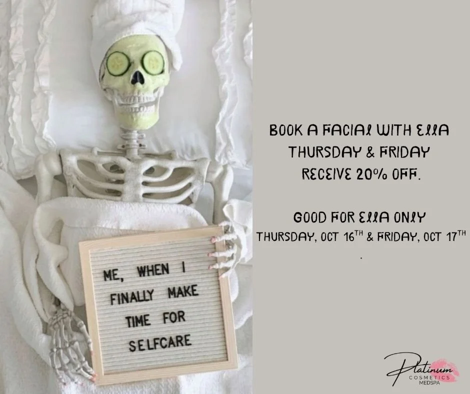 🎃 Spooky Season Glow-Up Alert! 👻

Book yourself a spooky facial with Ella on Thursday, October 16th or Friday, October 17th and receive 20% OFF your service! ✨

Treat your skin to a little self-care before the holiday rush &mdash; because glowing s