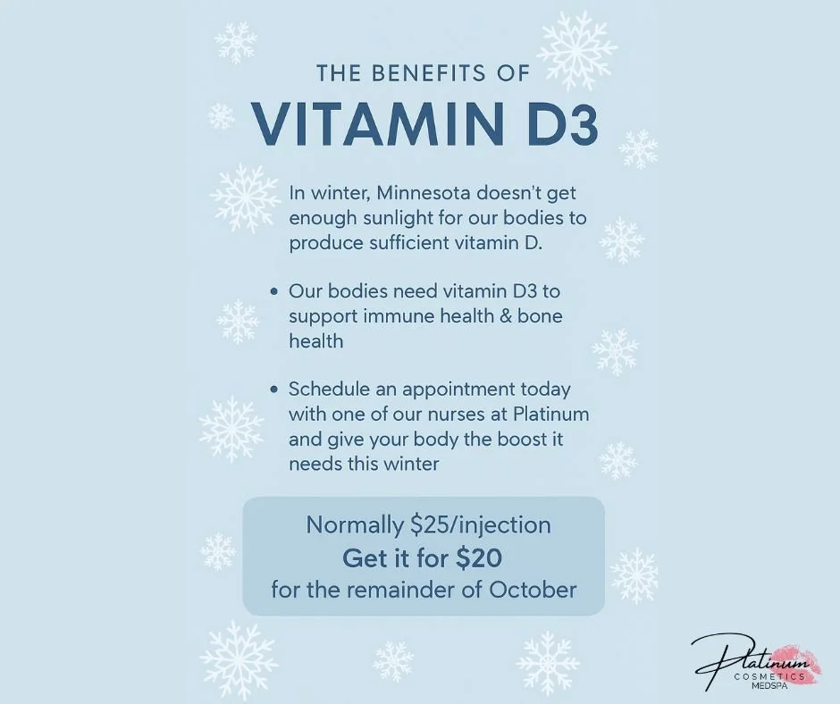 ☀️ Give Your Body the Boost It Needs This Winter! ❄️

Minnesota winters mean less sunshine &mdash; and that means your body might be missing out on essential Vitamin D3! 💪

Vitamin D3 supports:
🌿 Strong immune health
🦴 Healthy bones
✨ Better mood 