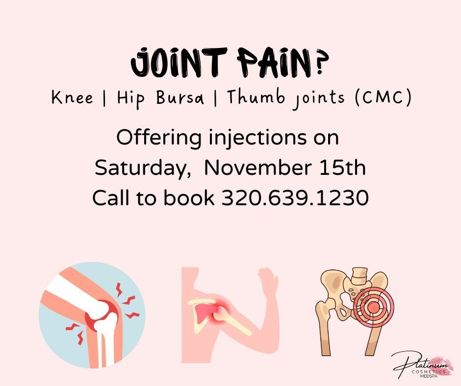 🦴✨ Got Joint Pain? Let&rsquo;s Get You Relief. ✨🦴

If knee pain, hip bursa discomfort, or thumb (CMC) joint aches are slowing you down &mdash; we&rsquo;ve got something just for you.

We&rsquo;ll be offering Joint Injections on:
📆 Saturday, Novemb