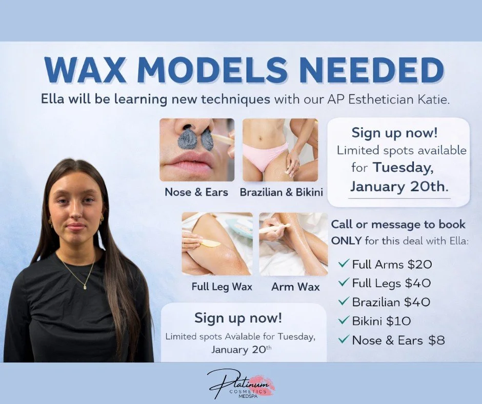 ✨ Looking for Wax Models! ✨

We&rsquo;re looking for wax models to help Ella perfect new techniques under the guidance of our AP Esthetician Katie!

📅 Date: Tuesday, January 20th
⚠️ Limited spots available &mdash; sign up now!
📲 Call or message to 