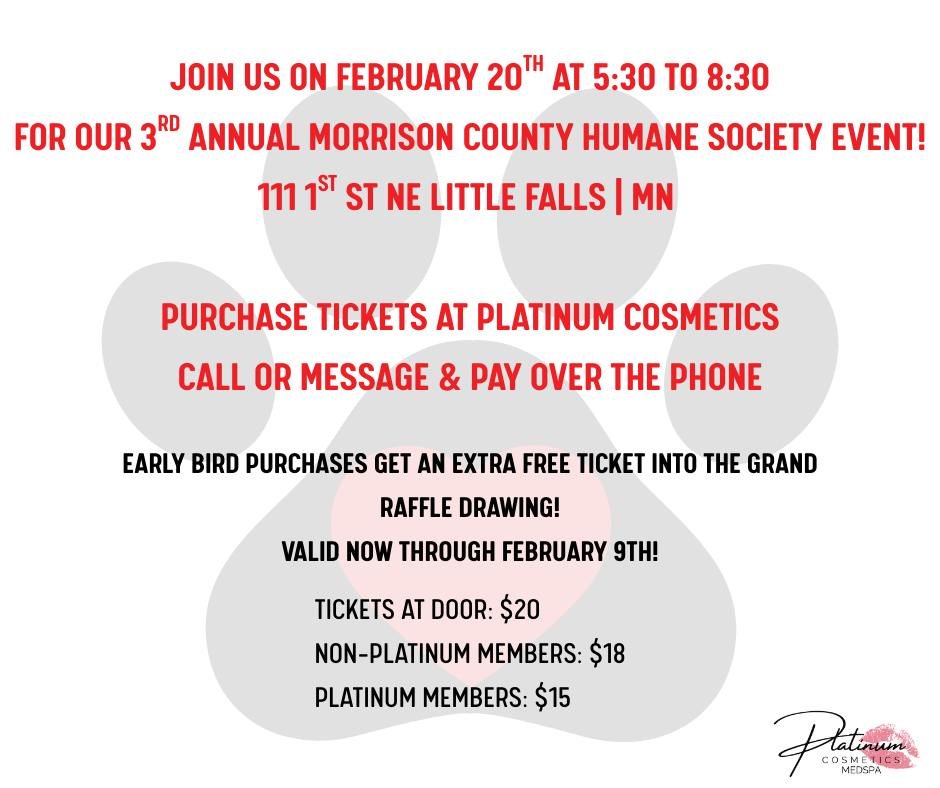 🐾 Don&rsquo;t Forget! 🐾
Platinum Cosmetics&rsquo; 3rd Annual Humane Society Event is almost here!

📅 February 20th
⏰ 5:30 &ndash; 8:30 PM
📍 Platinum Cosmetics

✨ Early Bird Perk! ✨
Purchase your ticket by February 9th and you&rsquo;ll receive an 
