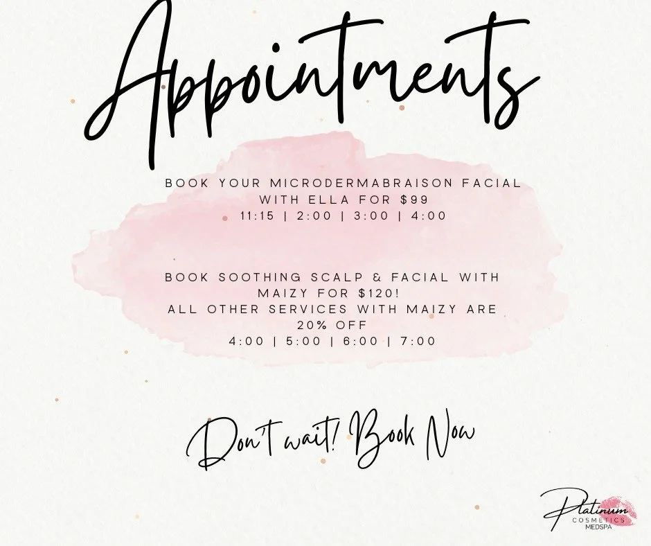 ✨ LAST-MINUTE APPOINTMENTS OPEN! ✨

We&rsquo;ve got availability today with Ella, Maizy &amp; Rachael &mdash; perfect time for a little self-care or glow-up 💖

🌟 Microdermabrasion Facial with Ella
Smooth, brighten, and refresh your skin
⏰ 11:15 | 2