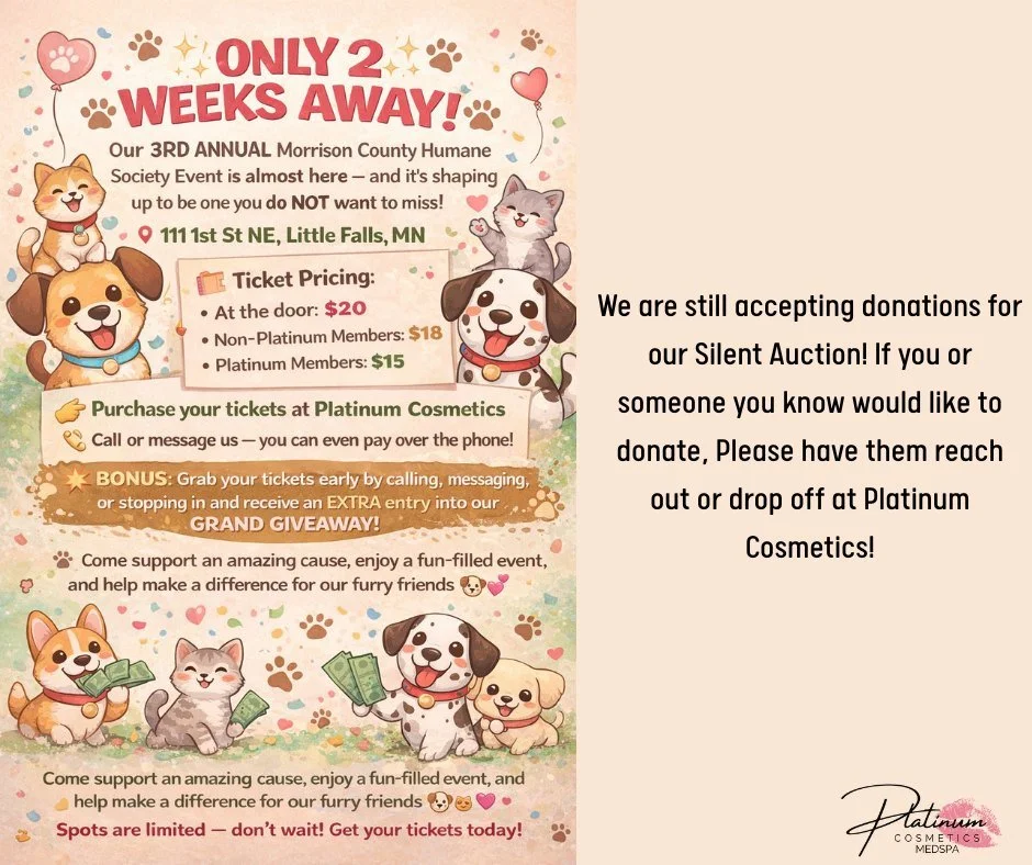 🐾✨ ONLY 2 WEEKS AWAY! ✨🐾

Our 3RD ANNUAL Morrison County Humane Society Event is almost here &mdash; and it&rsquo;s shaping up to be one you do NOT want to miss!

📍 111 1st St NE, Little Falls, MN

🎟️ Ticket Pricing:
&bull; At the door: $20
&bull
