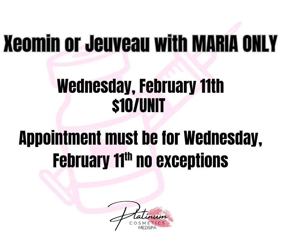 💉🔥 $10/unit SPECIAL &mdash; THIS WEDNESDAY ONLY! 🔥💉

Join Maria for Xeomin or Jeuveau on
📅 Wednesday, February 11th ONLY
💲 Just $10 per unit

⚠️ Appointment must be booked for WEDNESDAY &mdash; no exceptions.

This is a one-day-only deal and sp